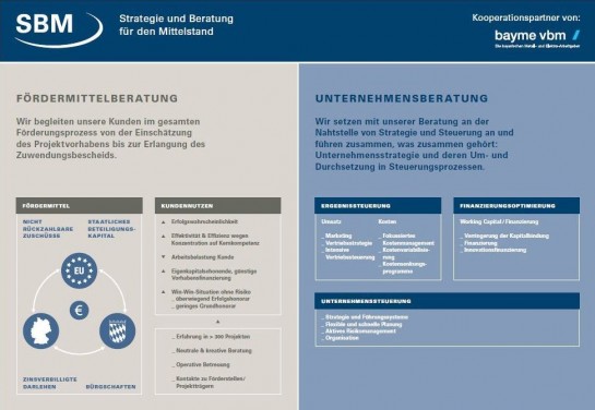 Das Beratungsangebot gliedert sich auf in Fördermittelberatung und mittelstandsrelevante Unternehmensberatung